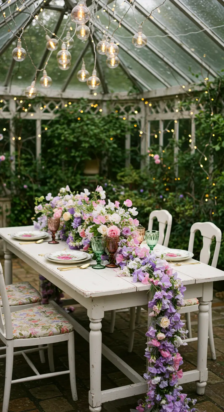 Table blanche dans une serre, ornée d'une cascade de fleurs lilas et roses.