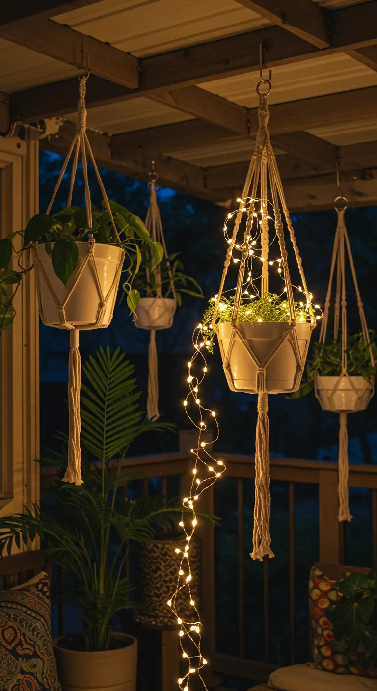 Plantes suspendues en macramé décorées de guirlandes lumineuses qui tombent en cascade.