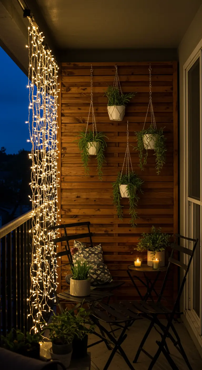 Balcon avec un rideau de lumières LED contre un mur en bois et des plantes suspendues.