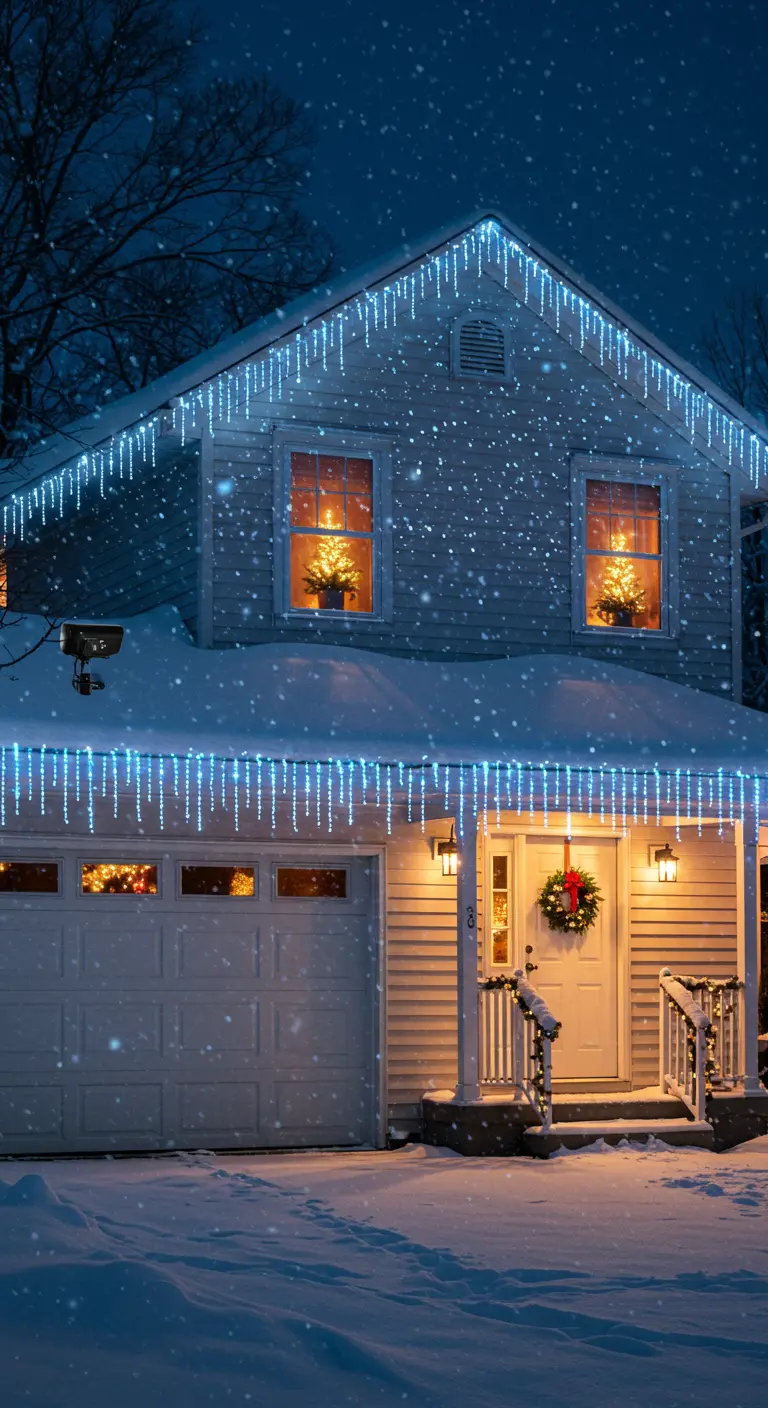 Maison sous la neige avec des guirlandes lumineuses bleues en forme de stalactites scintillantes.