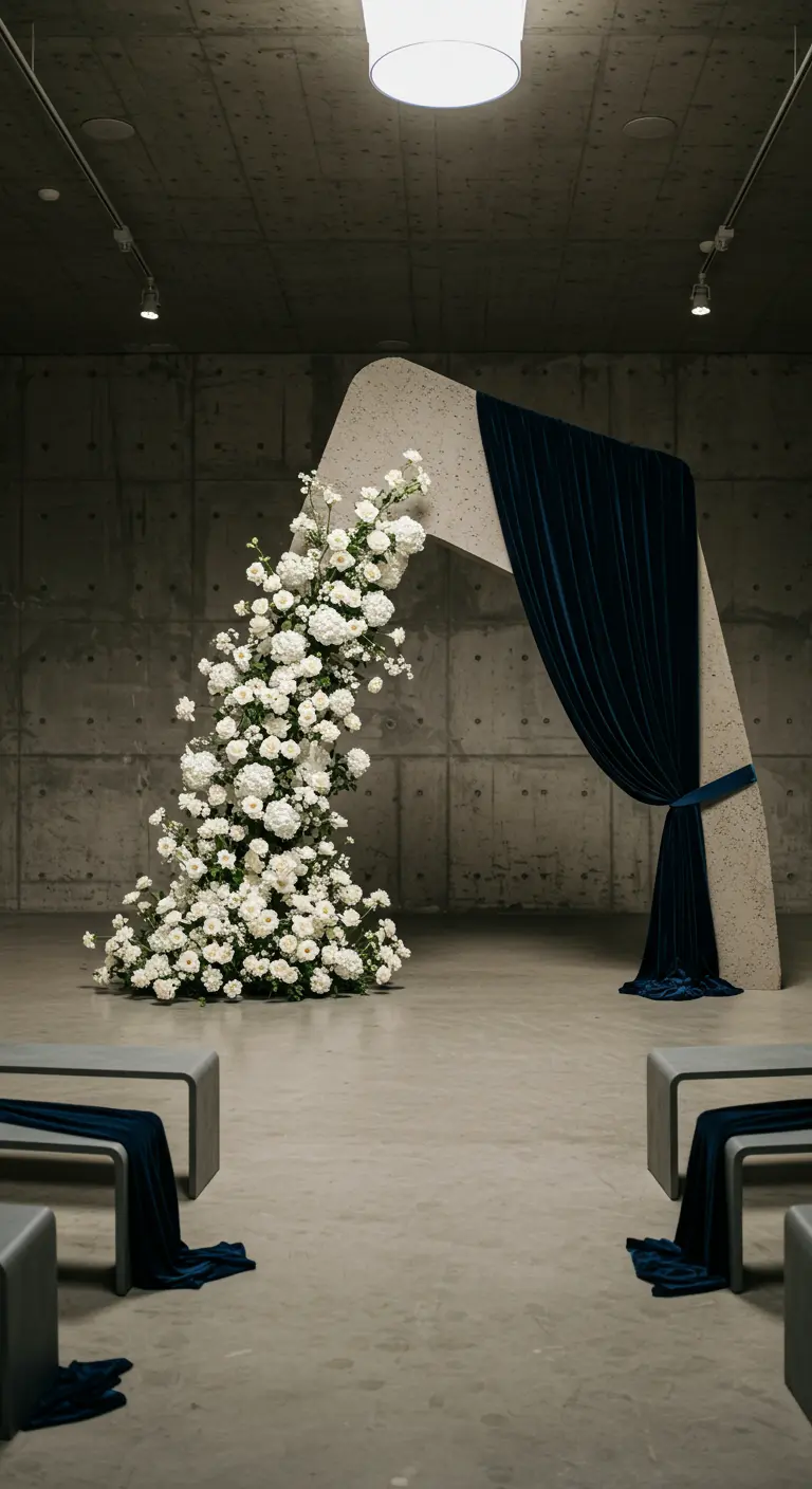 Arche moderne et asymétrique avec cascade de fleurs blanches et velours bleu.