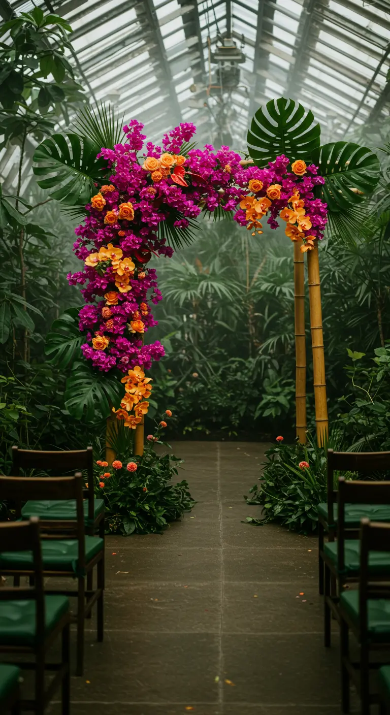 Arche tropicale asymétrique avec des fleurs fuchsia et orange vif.