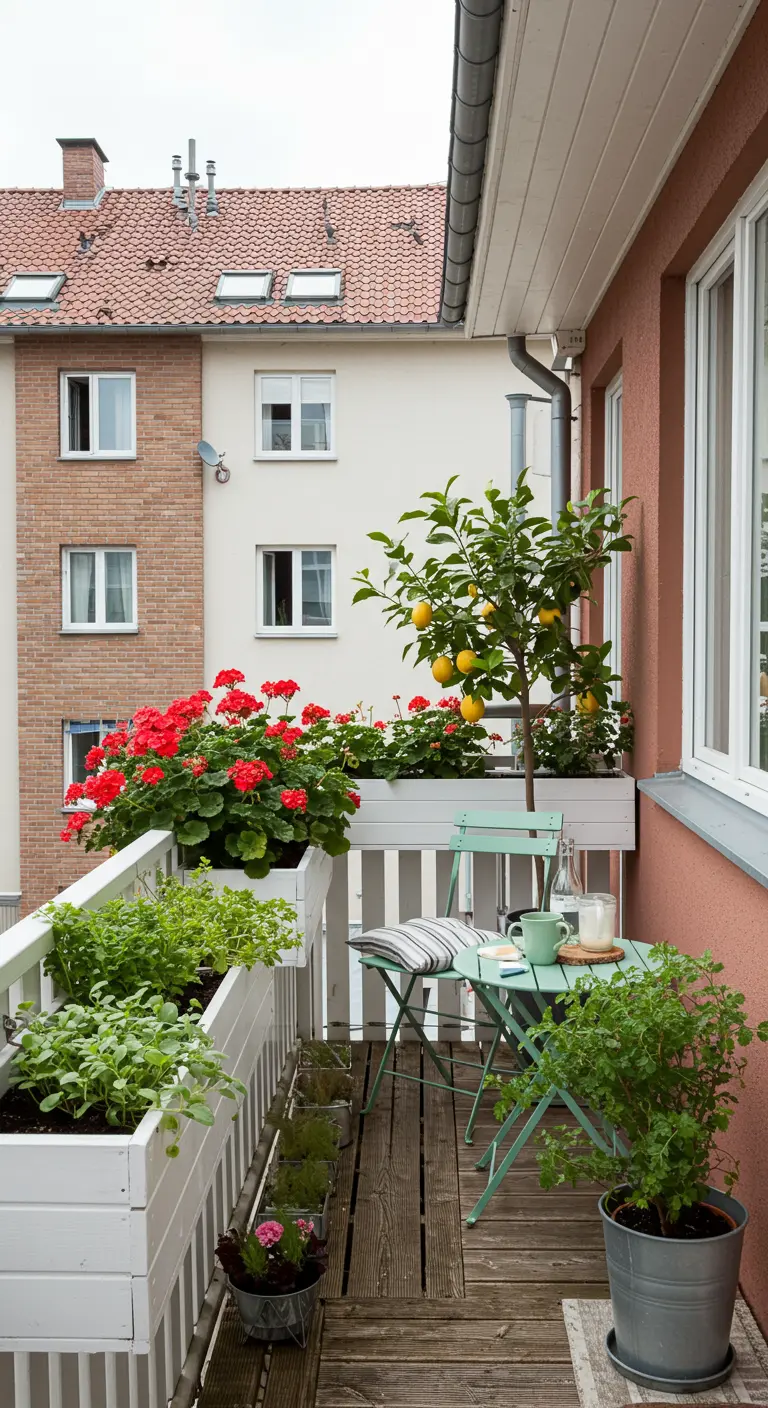 Balcon étroit avec des jardinières blanches remplies de géraniums rouges.