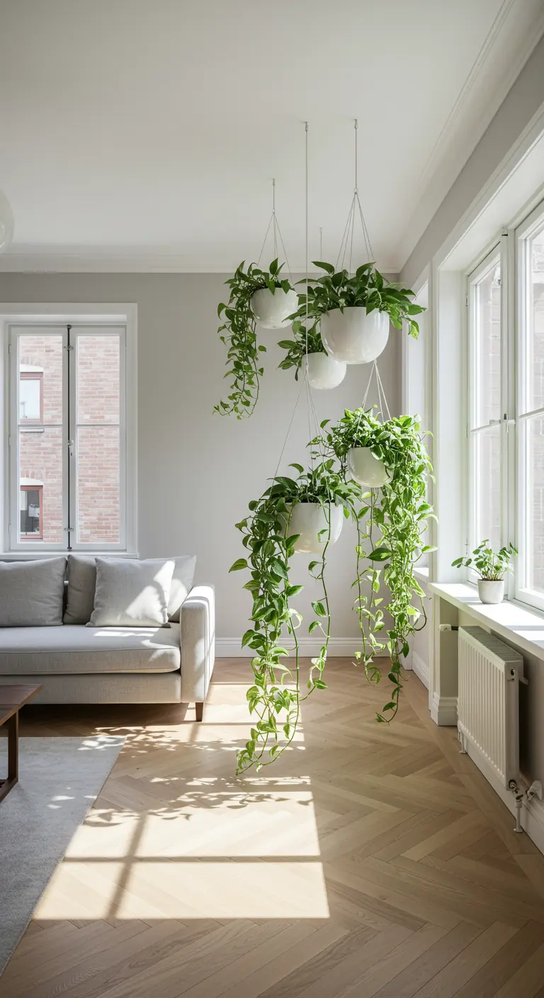 Pots blancs suspendus avec de longues plantes vertes retombantes dans un salon moderne et lumineux.