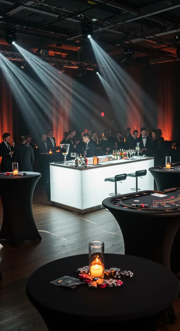 Ambiance de soirée casino avec un bar lumineux et des tables de jeu.