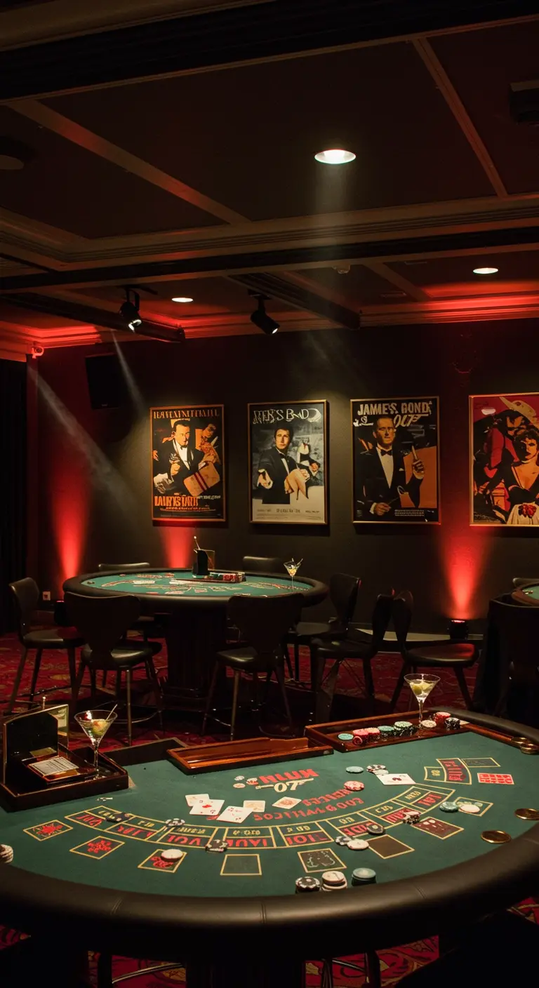 Ambiance de casino avec tables de jeu, lumière rouge et affiches de James Bond.