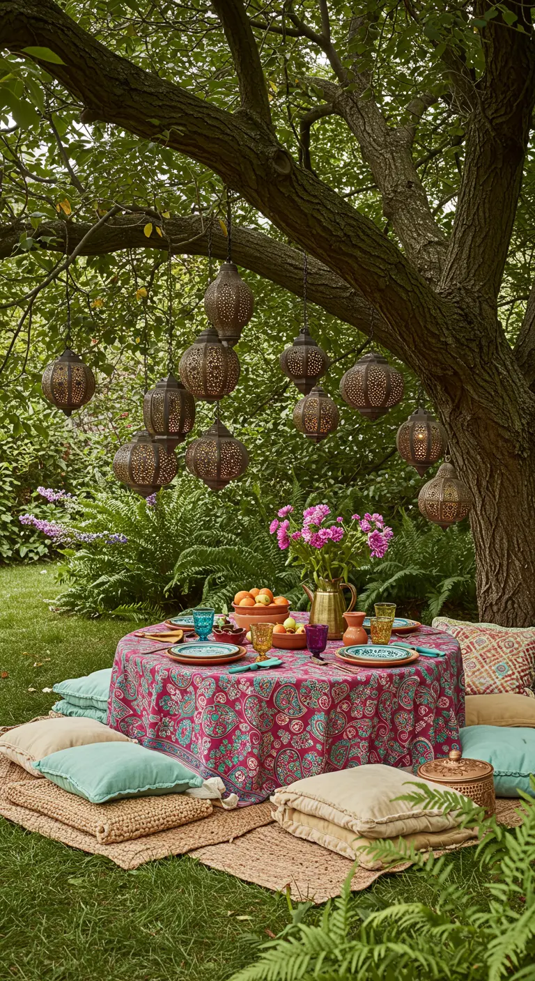 Table basse avec nappe cachemire, coussins de sol et lanternes marocaines suspendues sous un arbre.