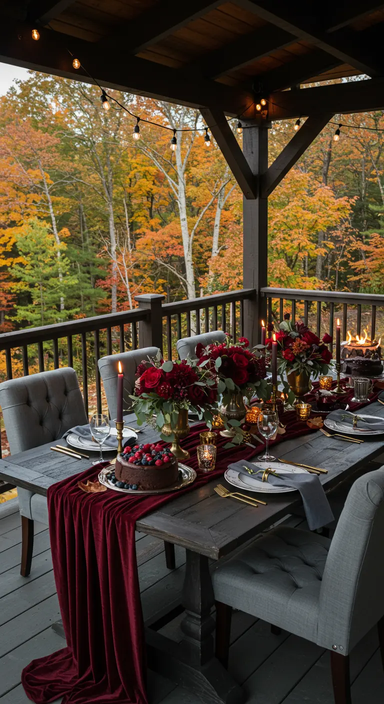 Dîner sur balcon avec nappe velours rouge, bougies, fleurs sombres, arbres aux feuilles d'automne.