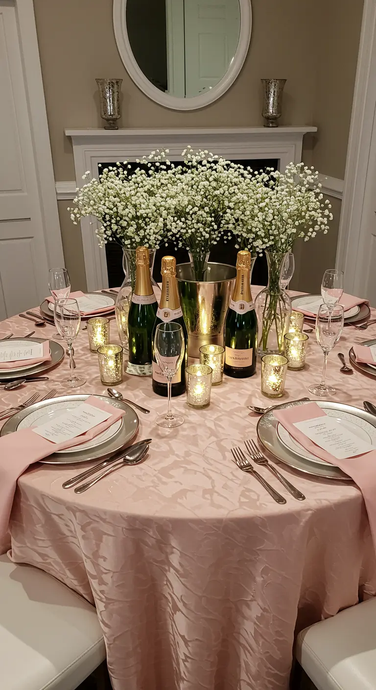 Table de fête rose poudré avec un seau à champagne, des bouteilles et des bouquets de gypsophile.