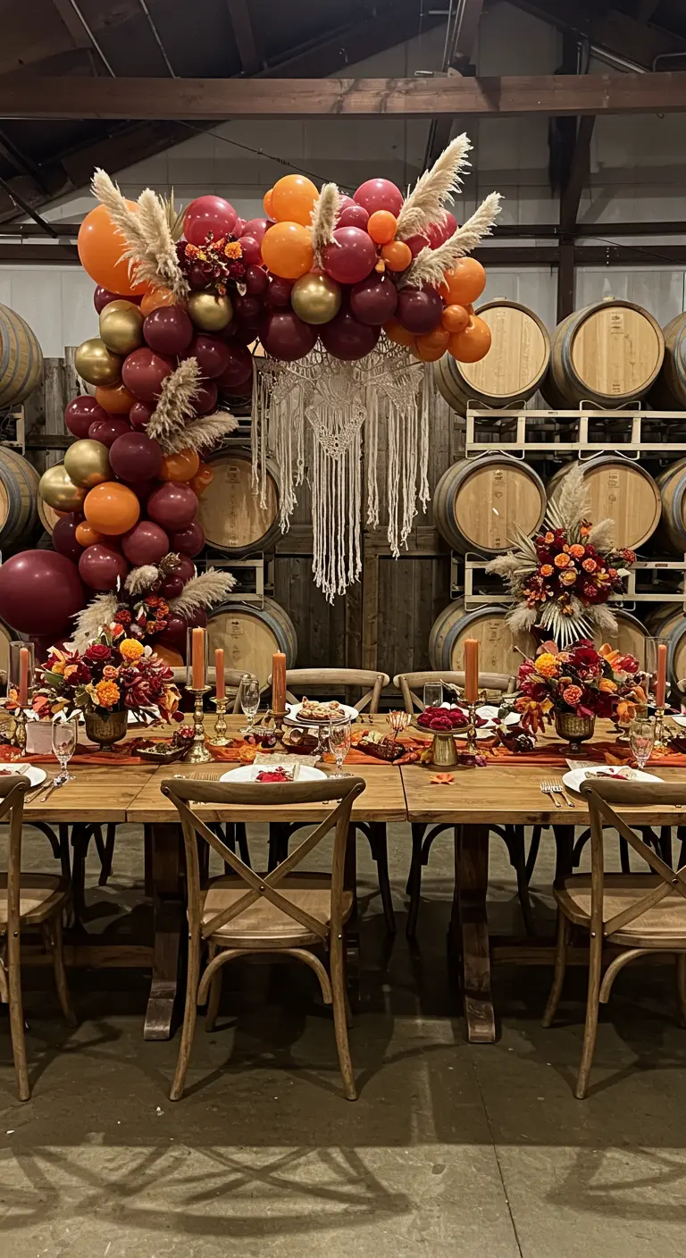 Arche de ballons bordeaux et orange dans un chai à barriques avec table de réception.