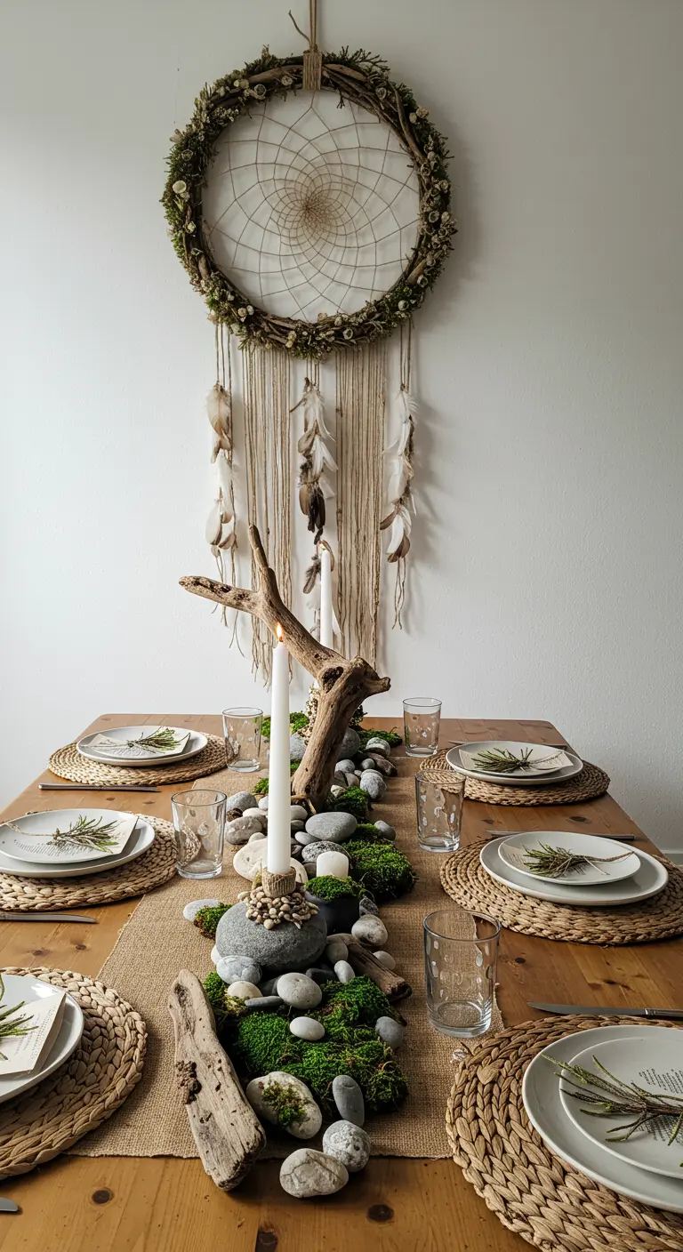 Centre de table nature avec pierres, bois flotté, mousse et attrape-rêves.