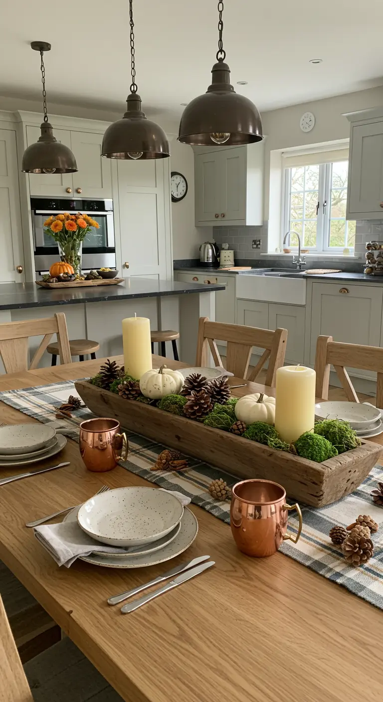 Centre de table dans une auge en bois remplie de mousse, pommes de pin, citrouilles et bougies.