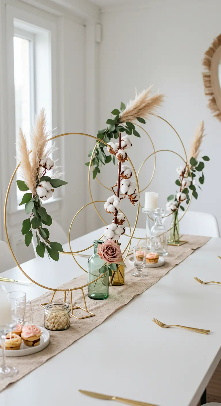 Centres de table modernes faits de cerceaux dorés décorés de fleurs de coton et d'eucalyptus.