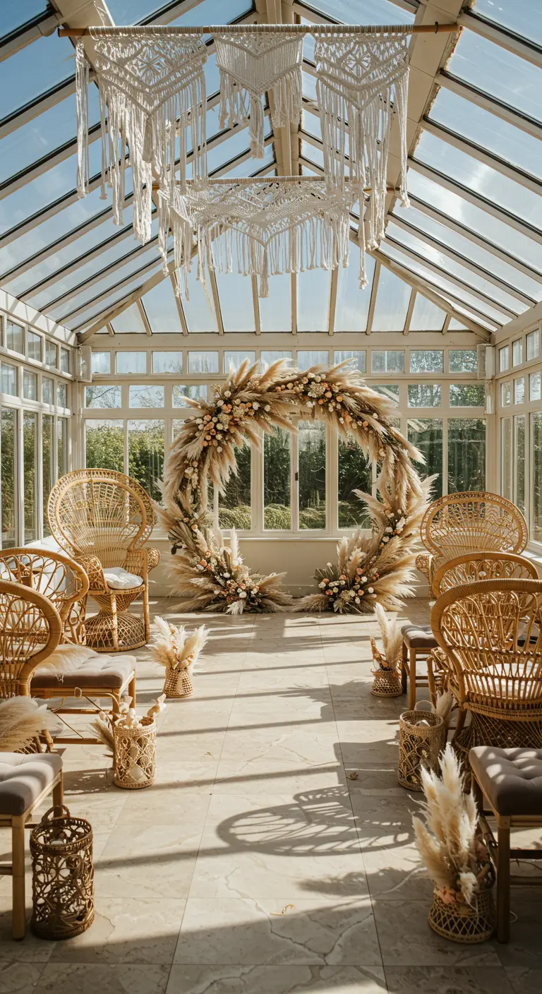 Arche circulaire de pampa et fleurs séchées avec macramé dans une véranda.