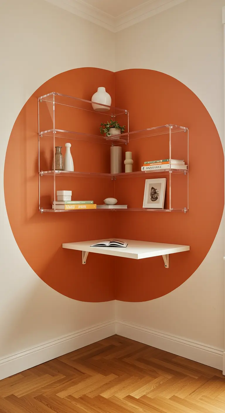 Bureau d'angle avec étagères en acrylique sur un mur orné d'un cercle orange.