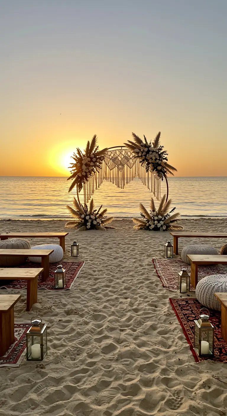 Arche de mariage circulaire avec macramé sur une plage au coucher du soleil.