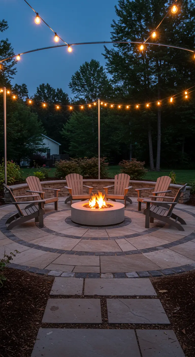 Coin feu circulaire avec des chaises Adirondack, éclairé par des guirlandes sur poteaux.