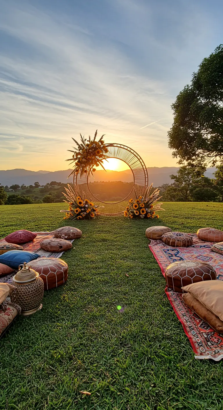 Arche circulaire en rotin avec tournesols et des coussins au sol pour les invités.
