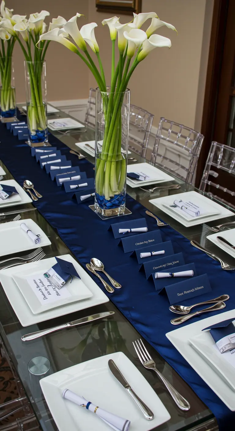 Table de remise de diplômes avec chemin de table bleu marine et marque-places en forme de parchemins.