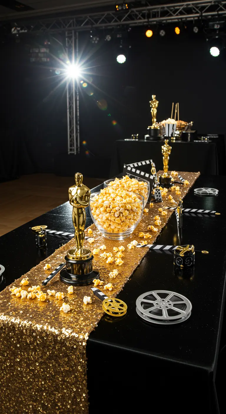 Table noire avec chemin de table à paillettes dorées, statuettes Oscars et pop-corn.