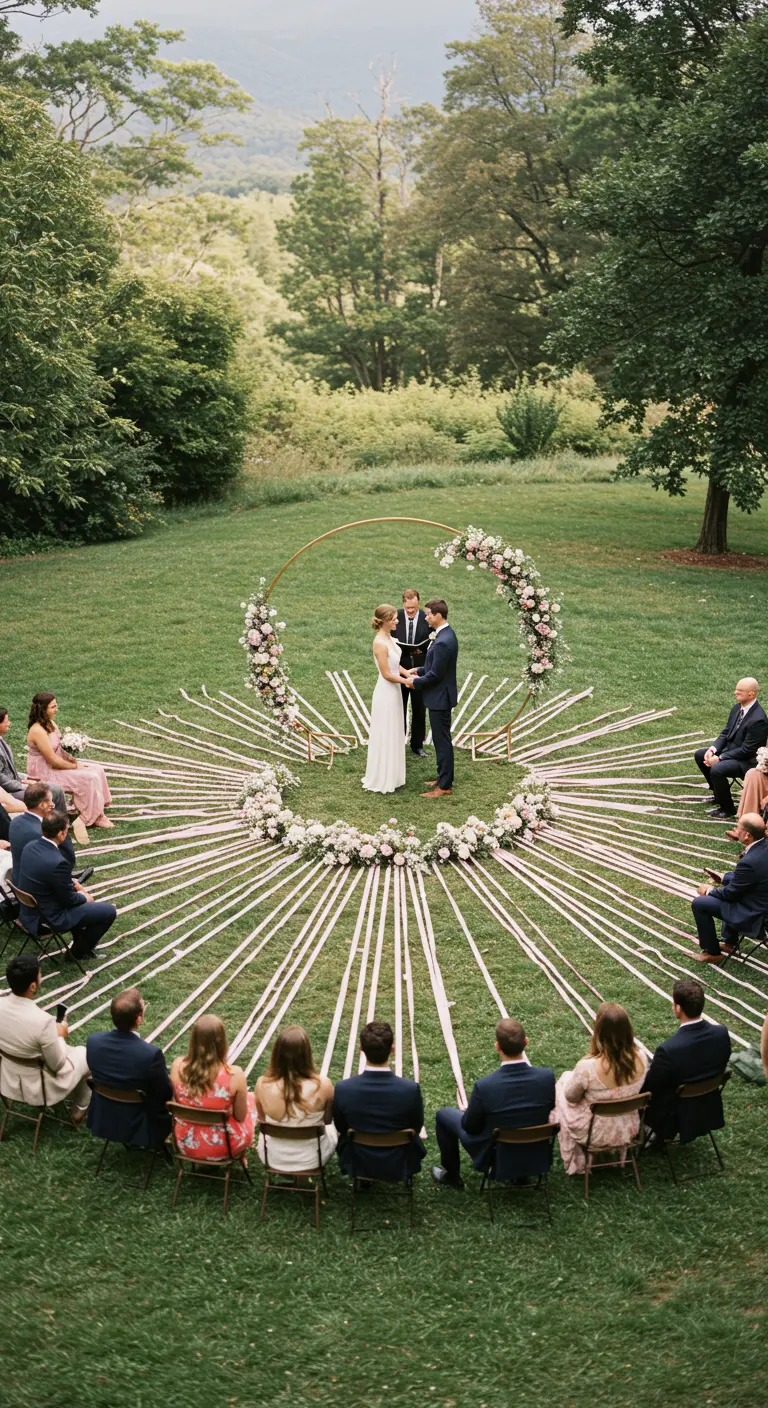 Cérémonie de mariage en plein air avec des invités assis en cercle autour d'une arche.