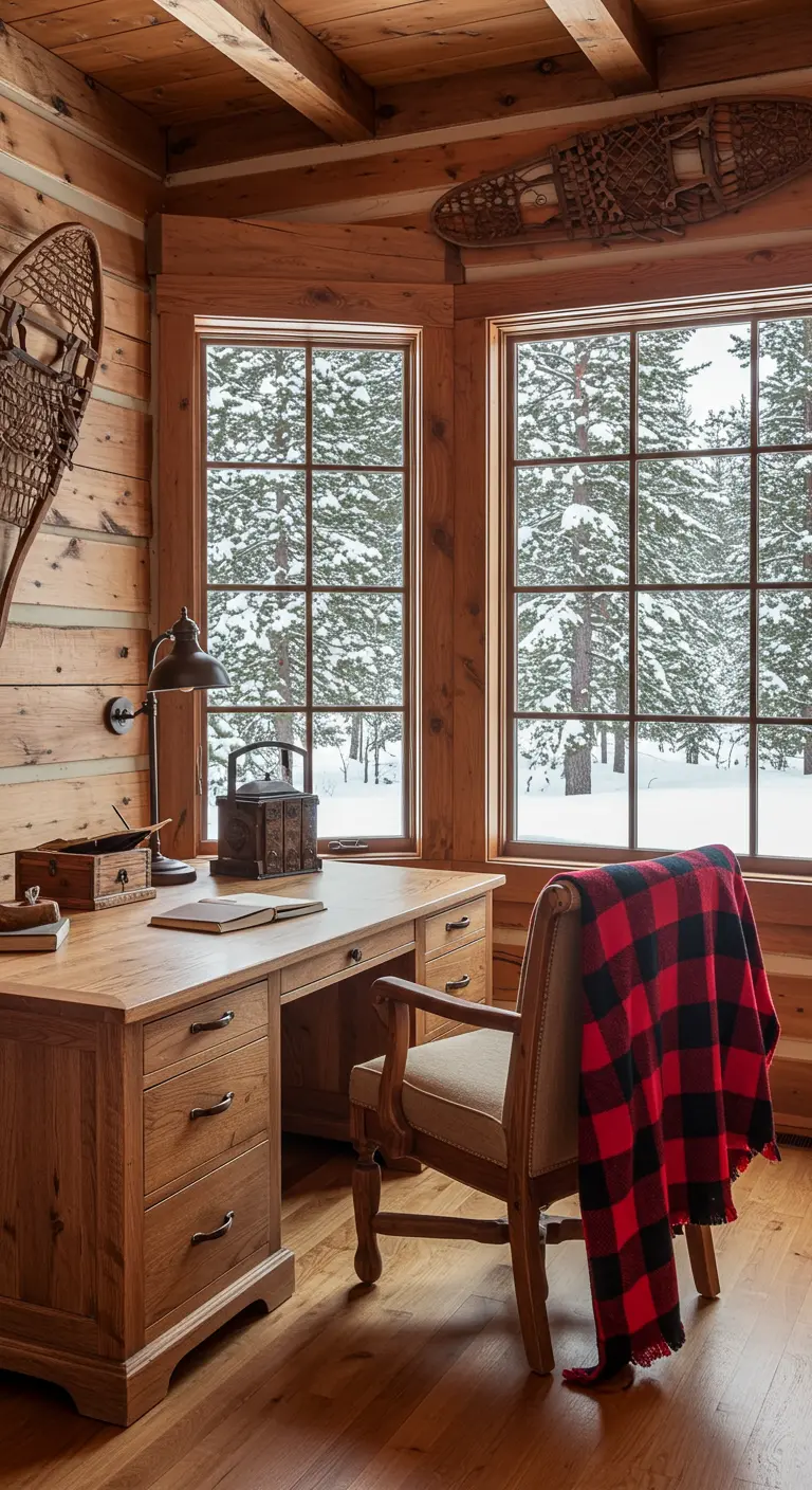 Bureau en bois dans un chalet avec vue sur une forêt enneigée, décoré de raquettes et d'un plaid.