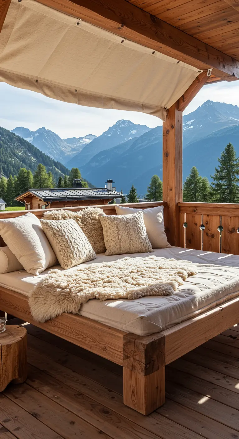 Lit de jour en bois sur un balcon avec vue sur les montagnes