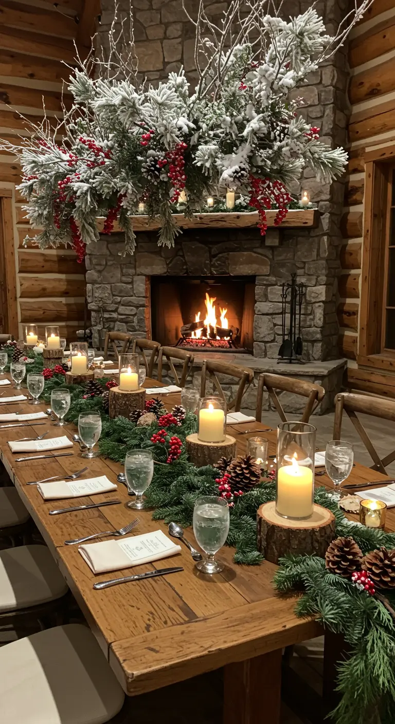 Longue table en bois avec chemin de table en sapin et bougies, devant une cheminée.
