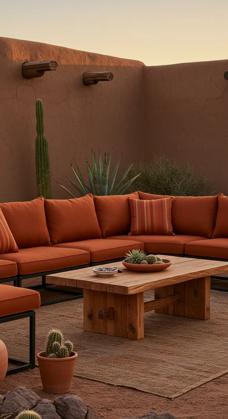 Salon de jardin modulable couleur terracotta dans un patio de style sud-ouest.
