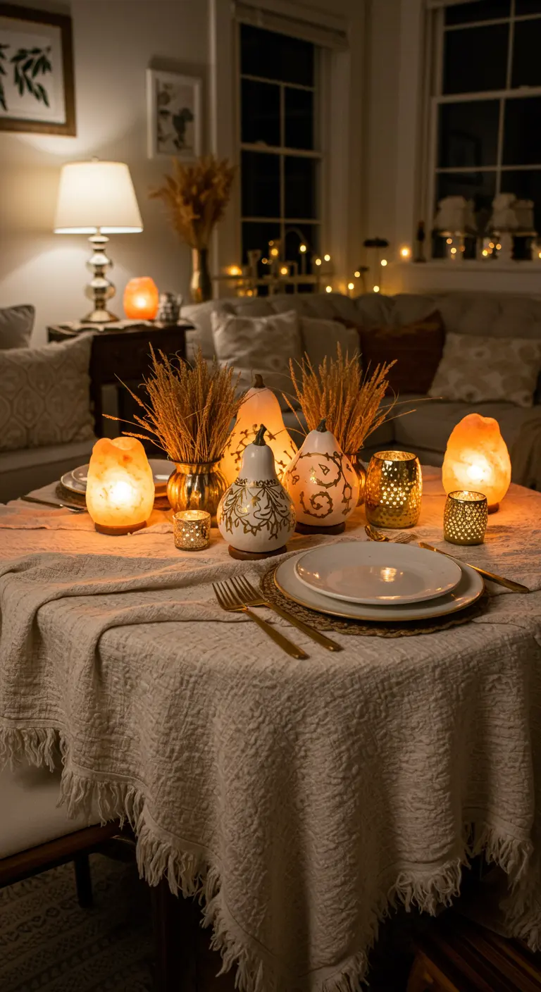 Petite table ronde avec nappe tricotée, lampes de sel, citrouilles décorées, herbes séchées et guirlandes lumineuses.