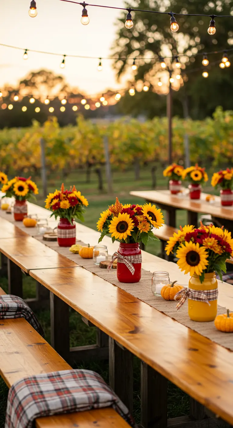 Tables de banquet en extérieur, décorées de bocaux colorés de tournesols et mini-citrouilles.