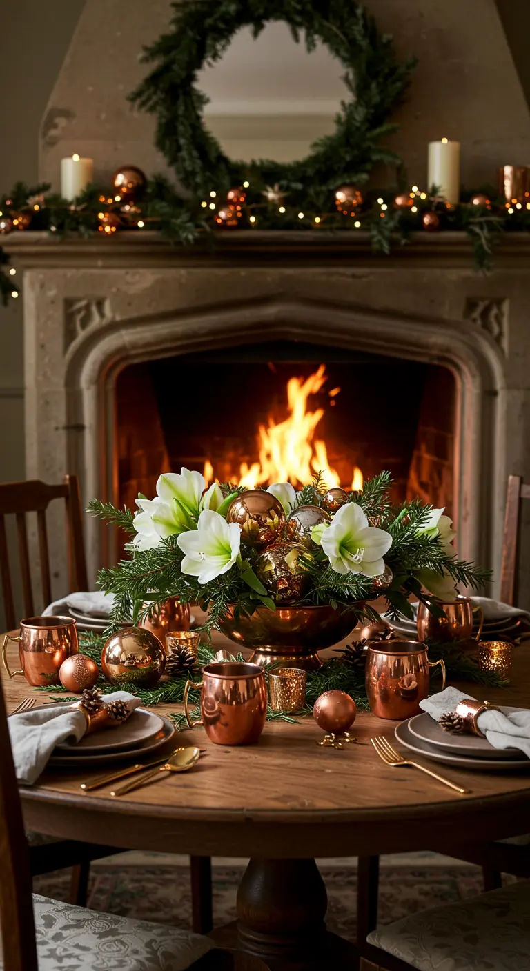 Centre de table avec amaryllis blanches et boules cuivrées dans une vasque en cuivre, devant une cheminée.