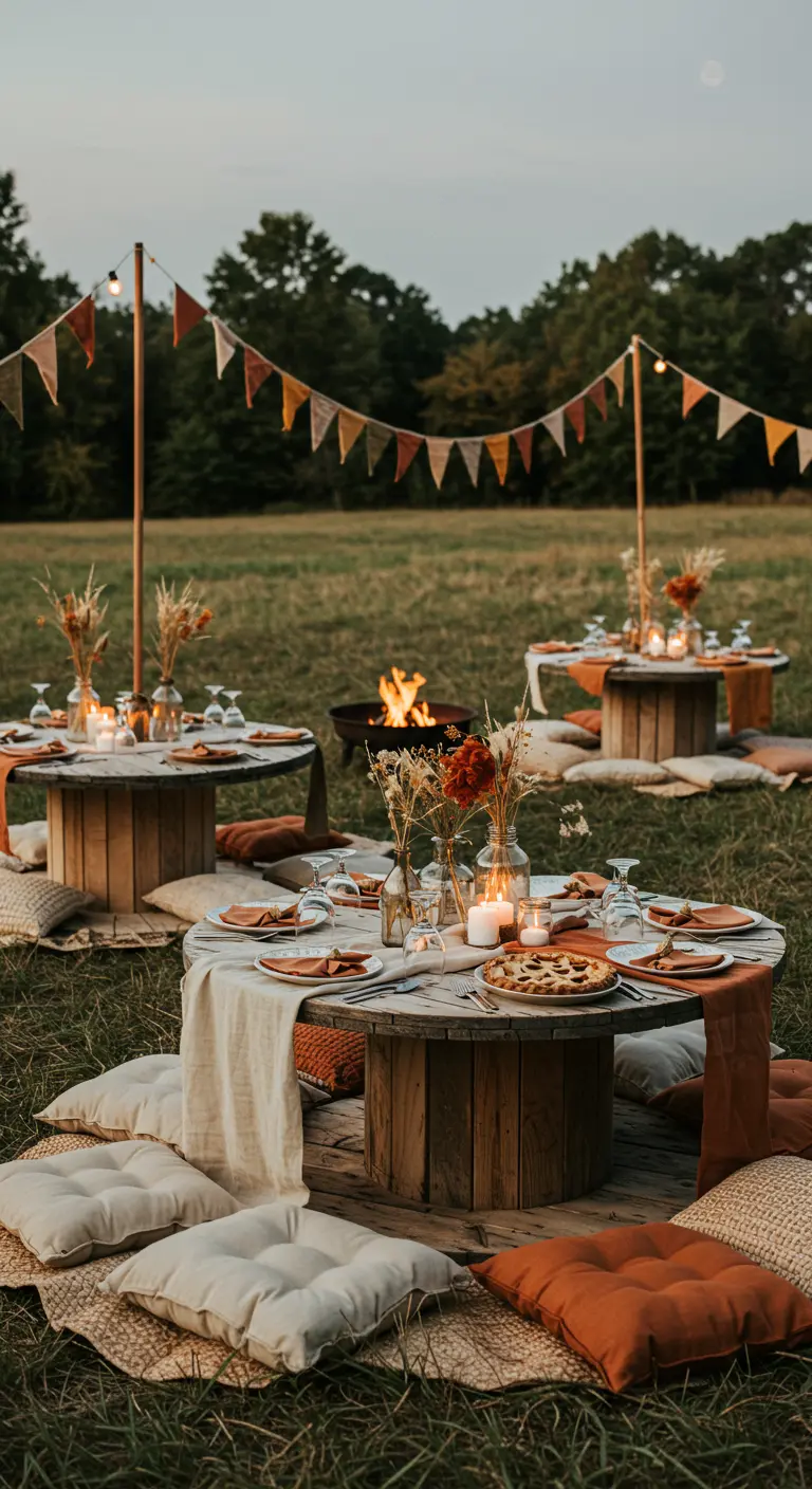 Fête d'automne en plein air avec tables rondes en bois, bottes de foin et feu de camp.