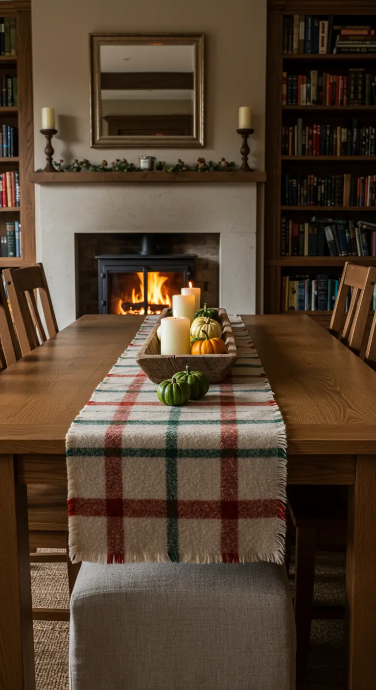 Table en bois avec un plaid en laine comme chemin de table et des bougies.