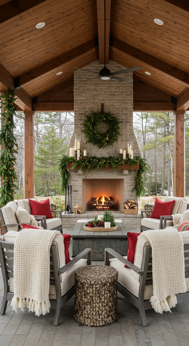Salon extérieur de Noël sous une pergola en bois, avec cheminée, guirlandes de sapin, plaids et coussins rouges.