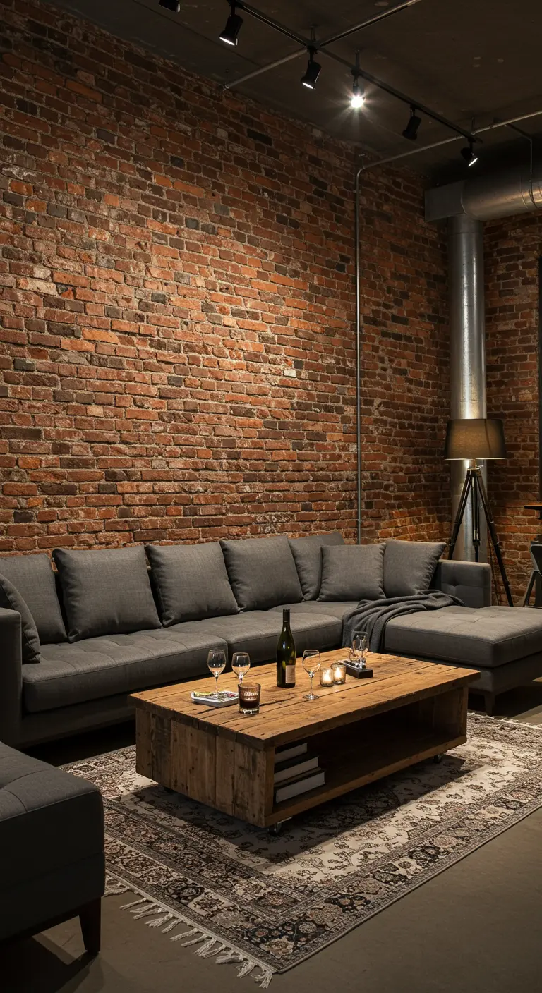 Salon de style industriel avec mur de briques, canapé gris et table basse en bois brut.