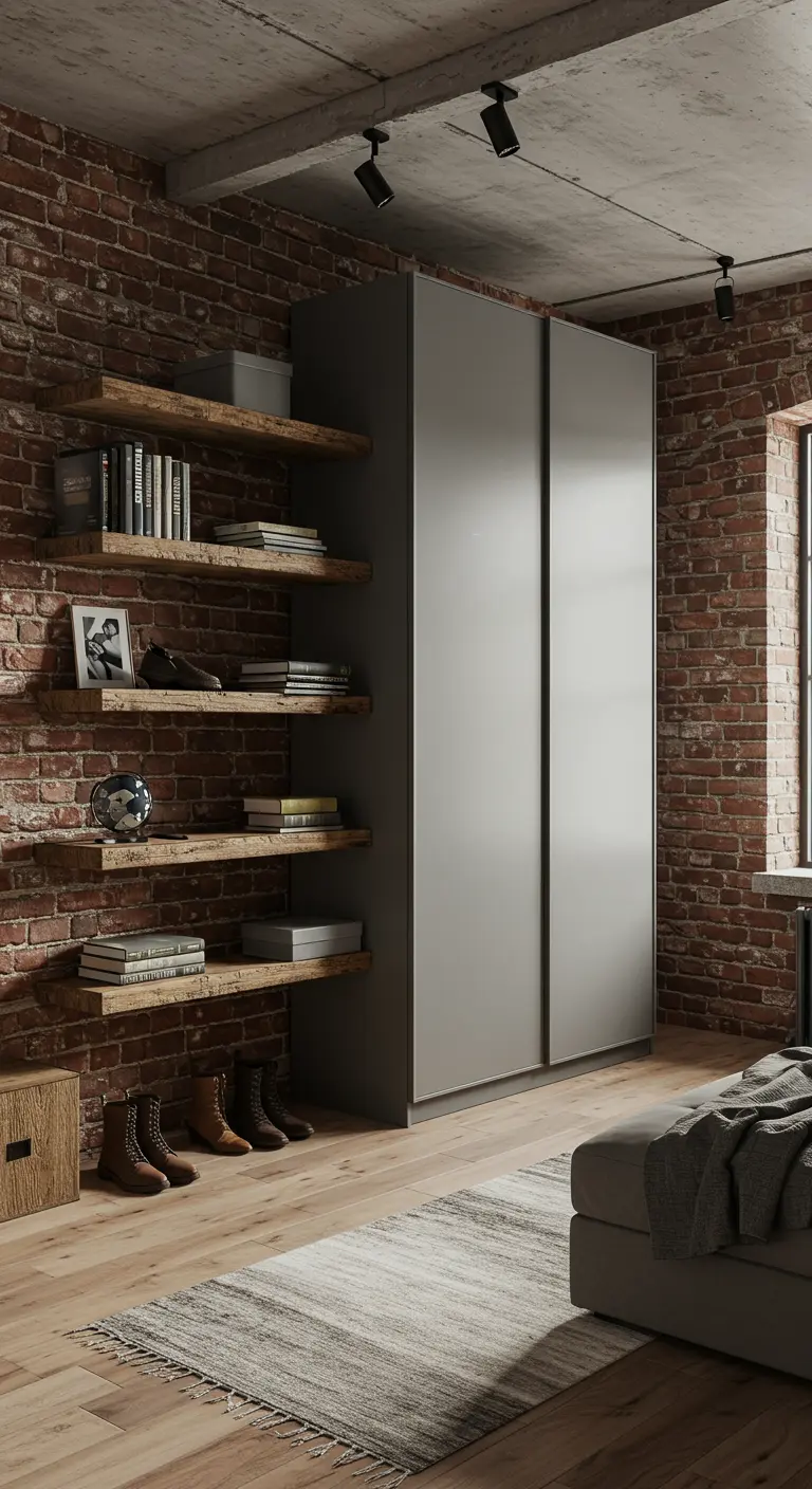Dressing industriel avec mur de briques, étagères flottantes en bois brut et placard gris.