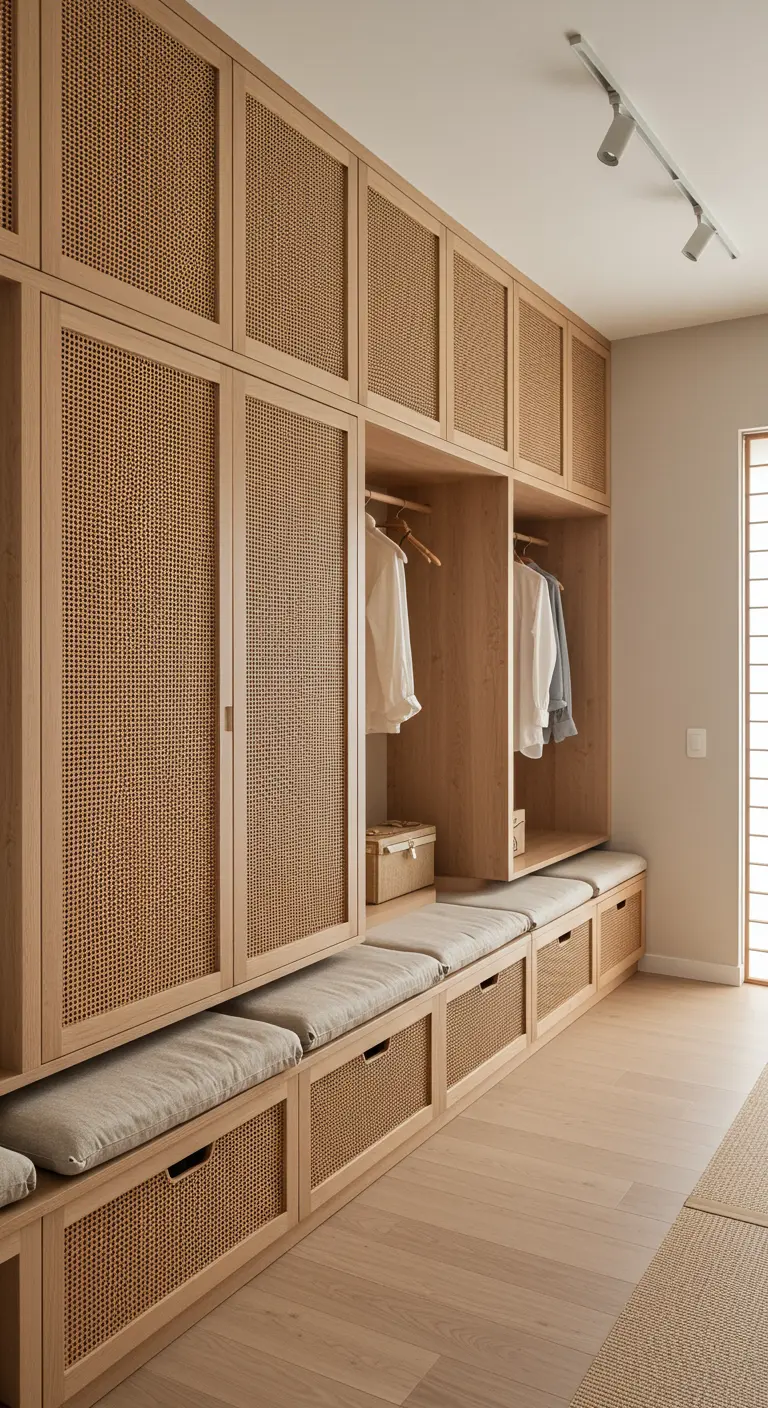 Dressing en bois clair et cannage avec banquette intégrée et tiroirs de rangement.