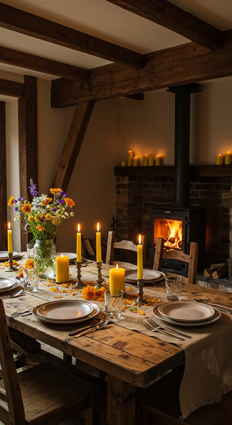 Table en bois rustique dressée avec des bougies jaunes devant une cheminée allumée.