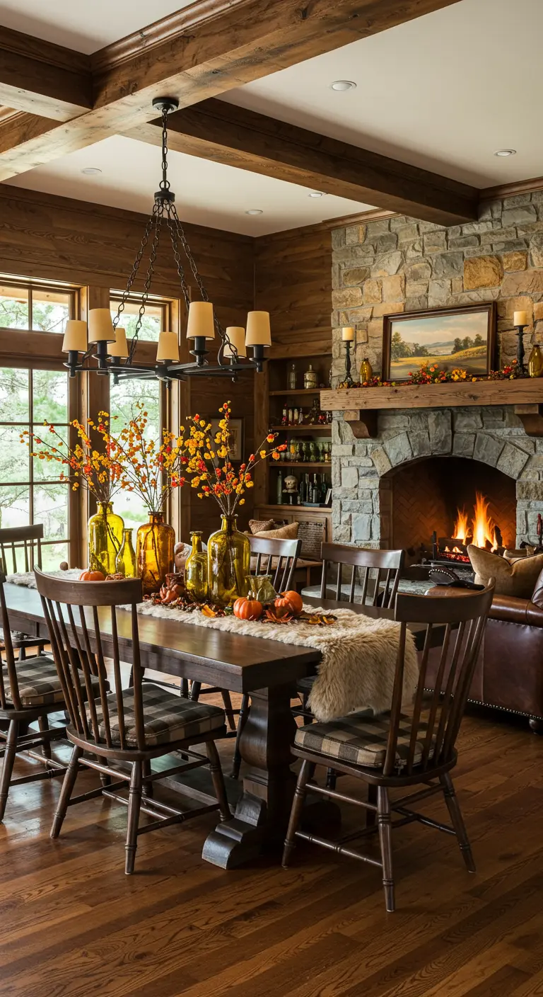 Table d'automne avec vases ambrés, feuillage coloré et mini-citrouilles