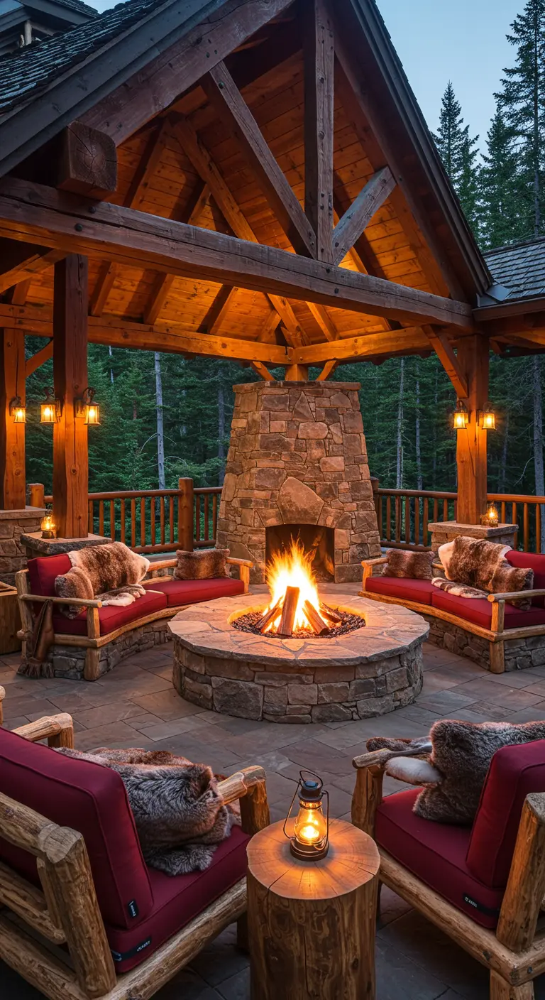 Lodge montagnard avec structure en bois, foyer en pierre, banquettes et fauteuils en bois avec plaids en fourrure.