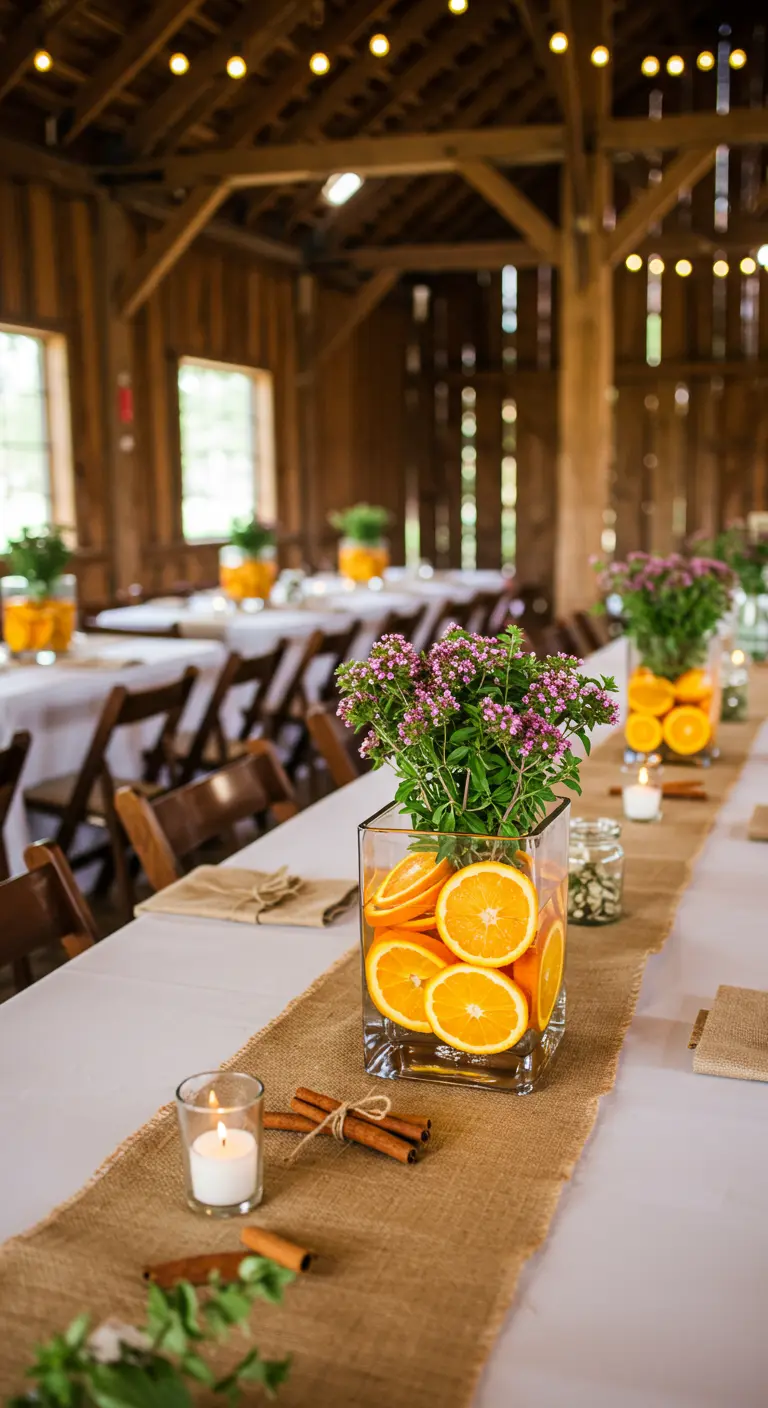 Centre de table rustique avec oranges en rondelles dans un vase, sur un chemin en jute.