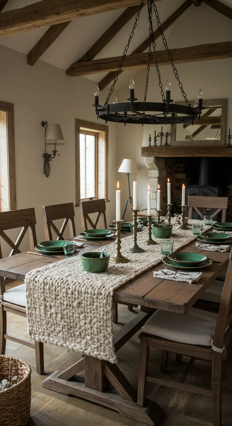Chemin de table en grosse maille écrue, bougeoirs anciens et vaisselle verte sur table en bois