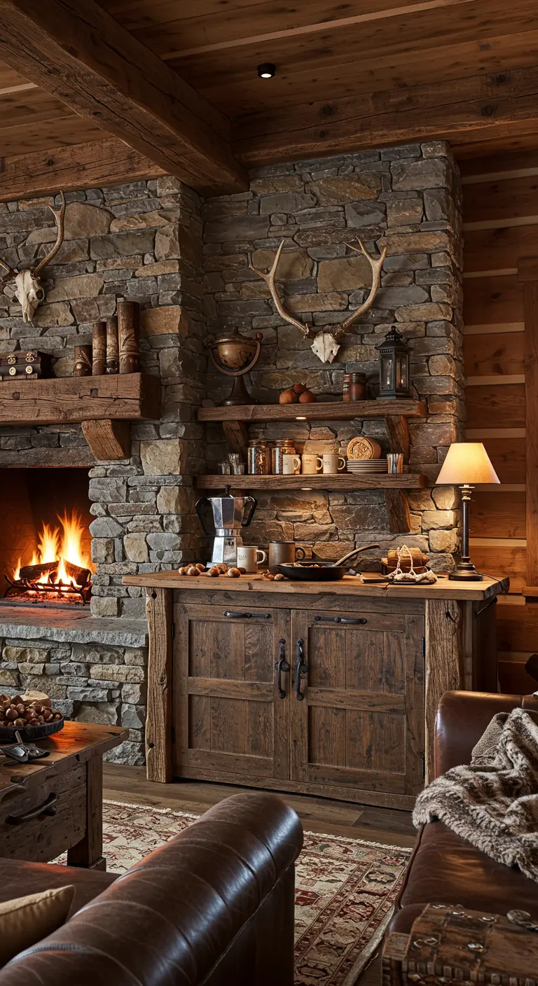 Buffet en bois rustique avec cafetière, tasses, étagères et cheminée en pierre.