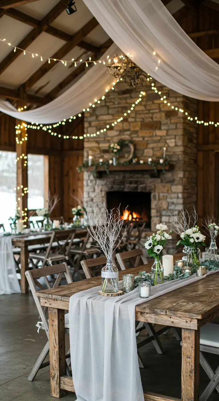 Table de mariage rustique avec chemin de table blanc transparent, branches nues et lumières douces.