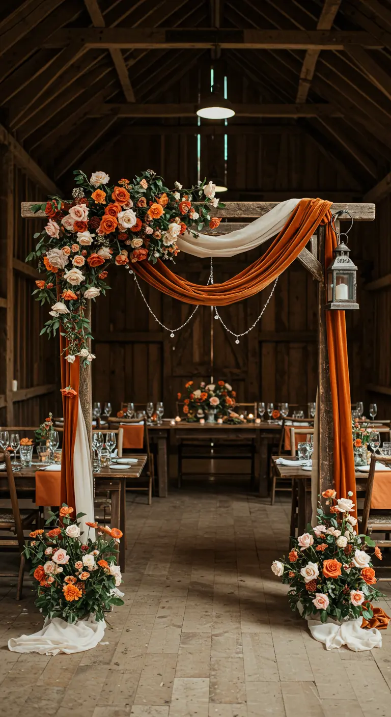 Arche en bois dans une grange, roses orange/pêche, drapés orange/blanc, lanterne et perles.