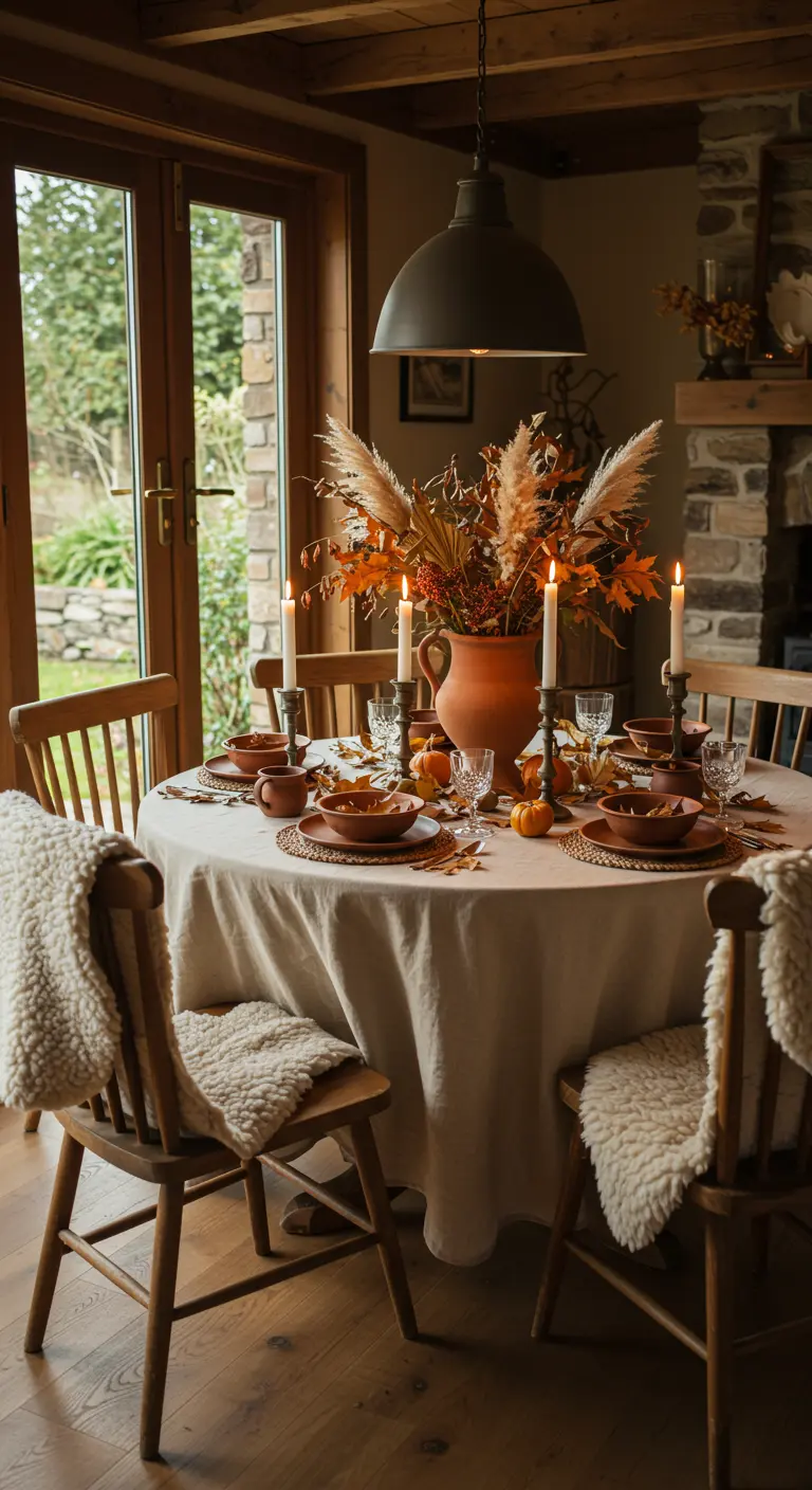 Table automnale avec nappe crème, centre de table en terracotta, pampas séchées et bougies hautes.