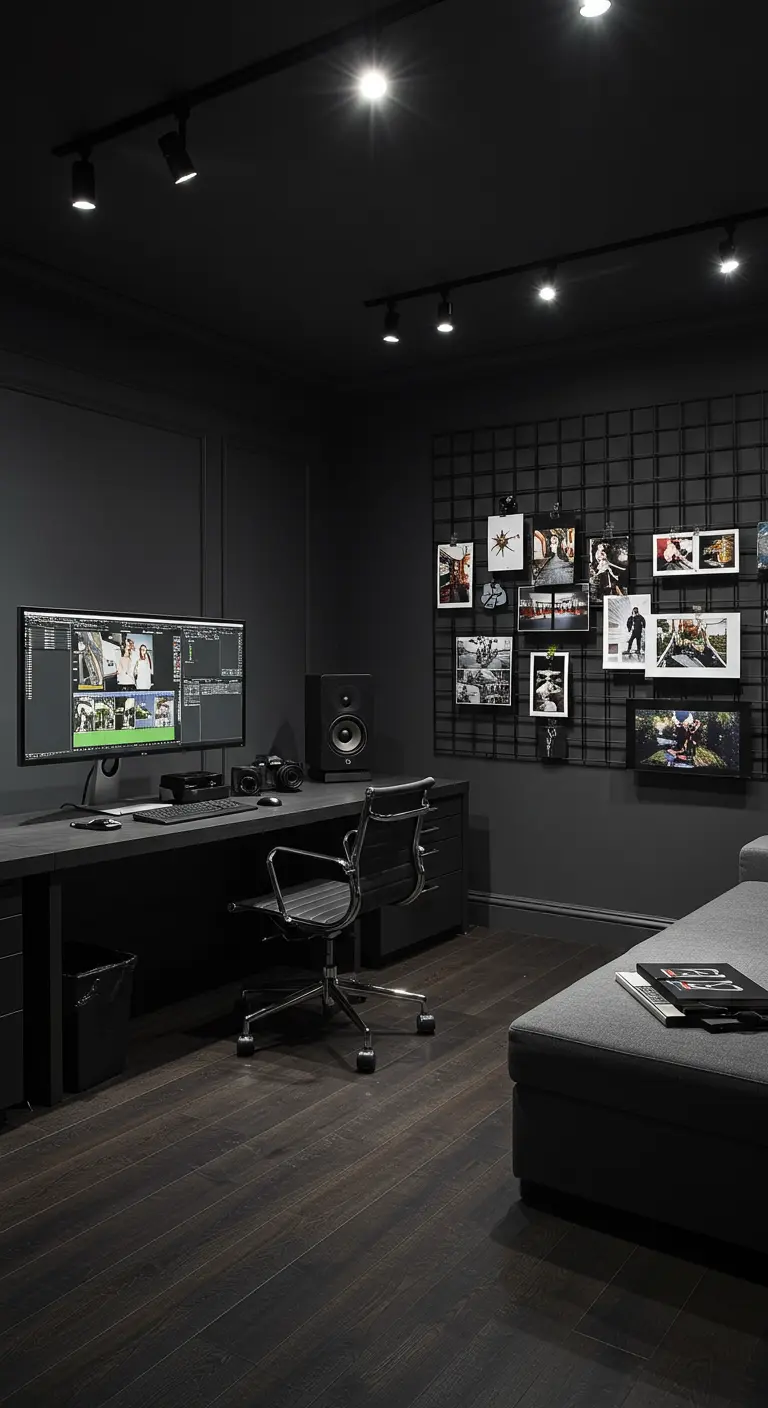 Studio de montage vidéo sombre avec murs noirs et éclairage directionnel.