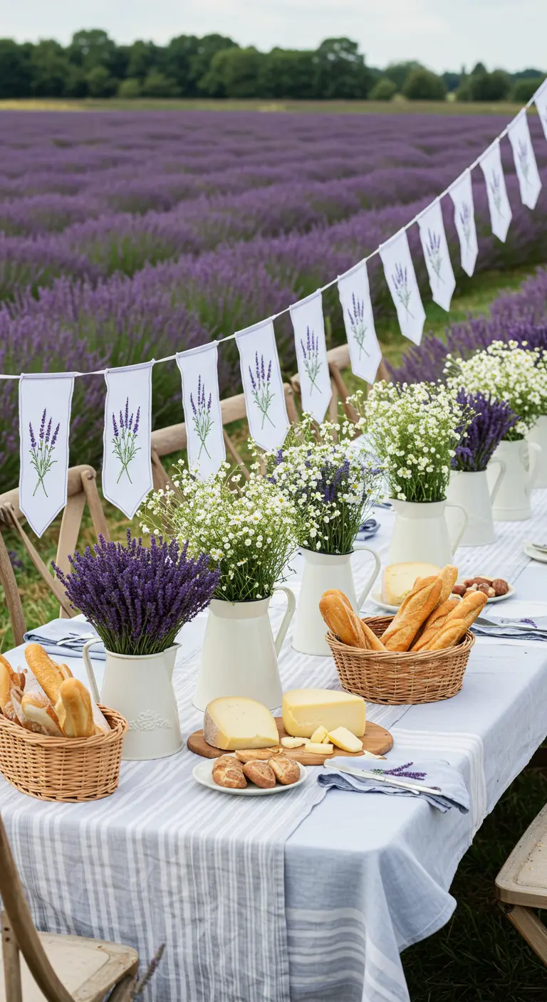 Table dressée devant un champ de lavande avec pichets de lavande, pains, fromages et guirlande de fanions brodés.
