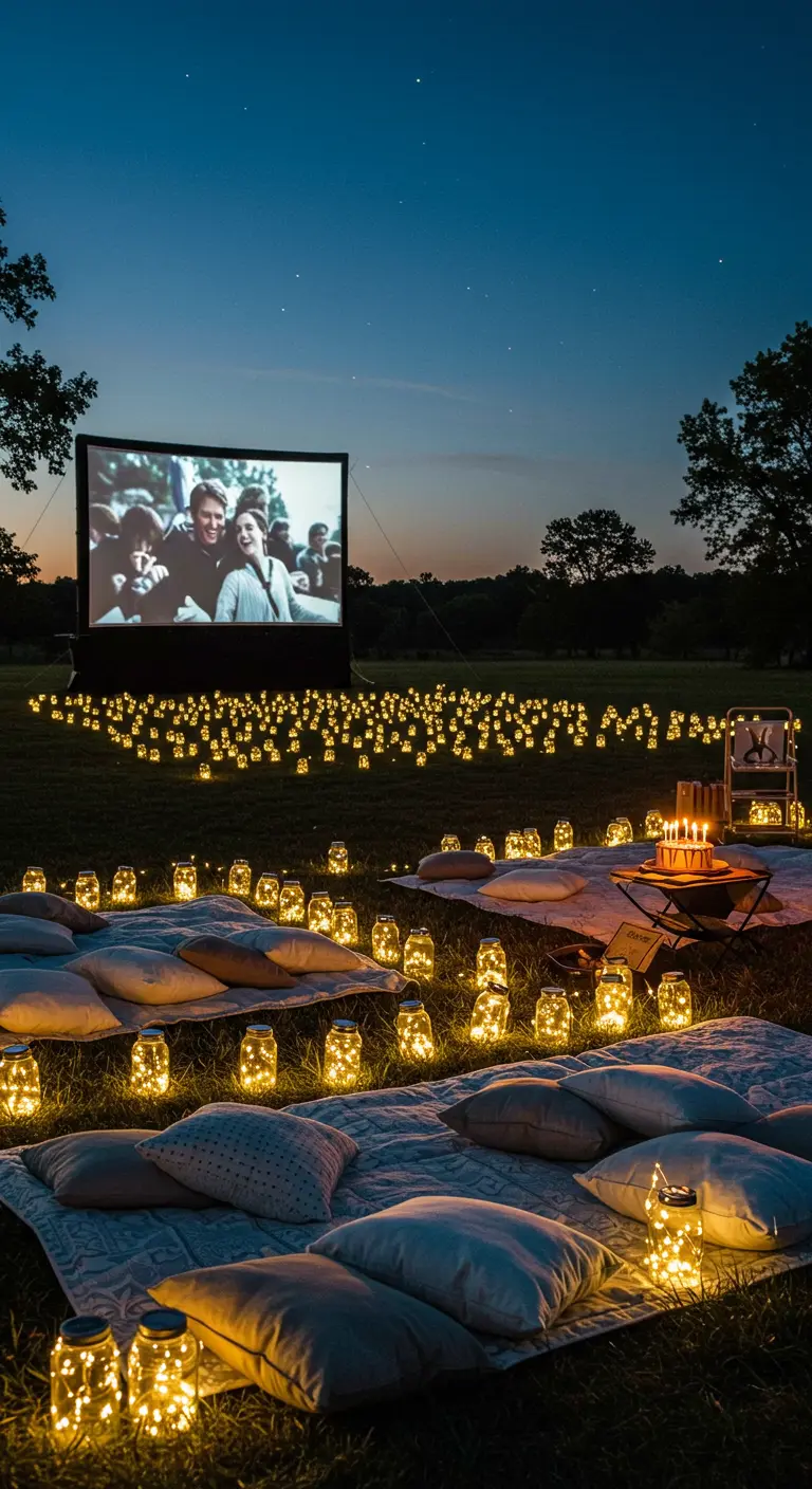 Vaste pelouse éclairée par des dizaines de bocaux lumineux pour une projection de film nocturne.